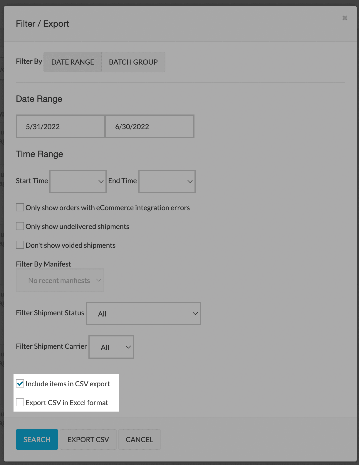 Select the date range and other attributes of shipments you want to export.